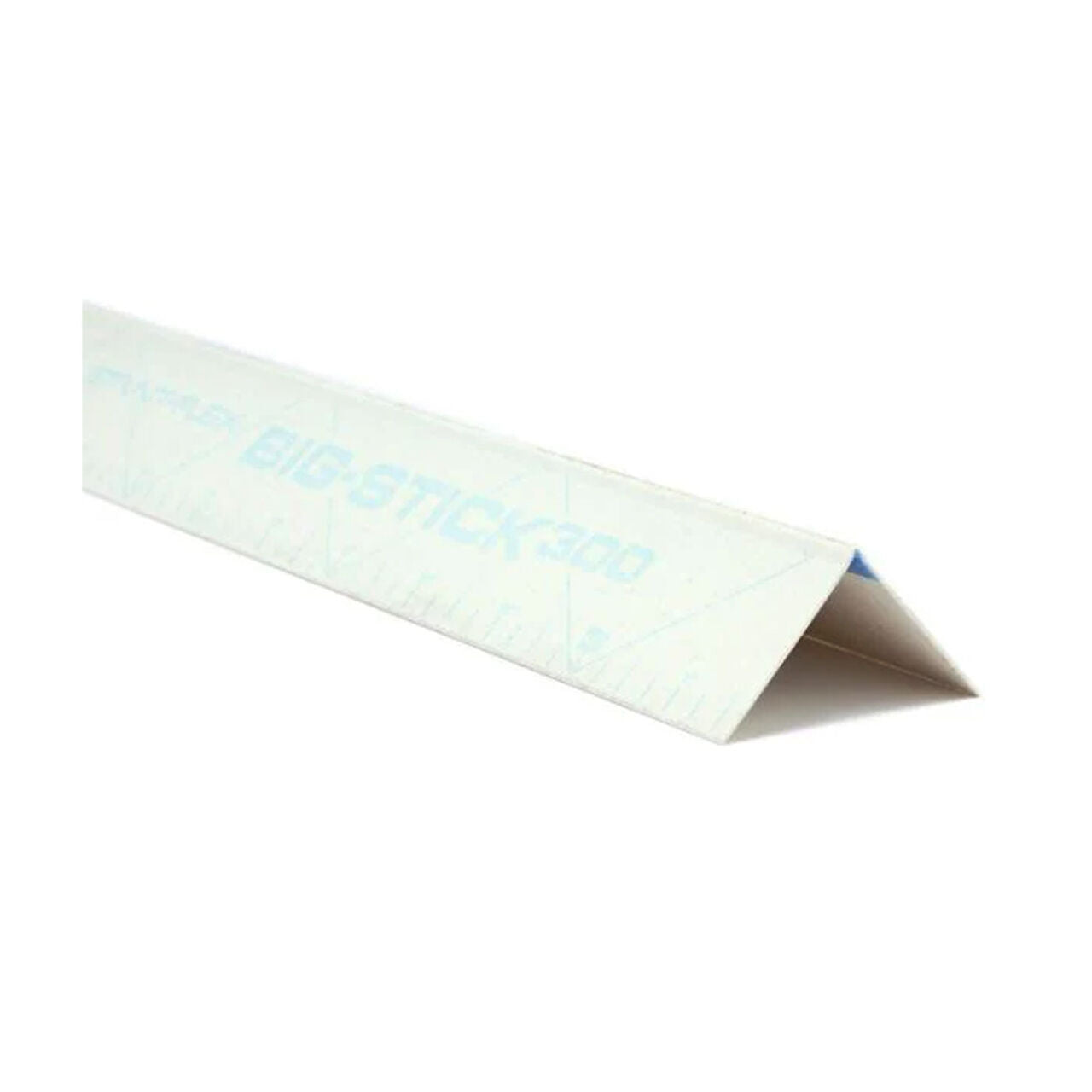 A white triangular scale ruler with faint markings and BIG STICK 300 in blue is displayed on a white background—perfect for use with the Go Build 1-1/2 in. x 10 ft. Composite Drywall Corner Bead by The Fastest Way To Build.